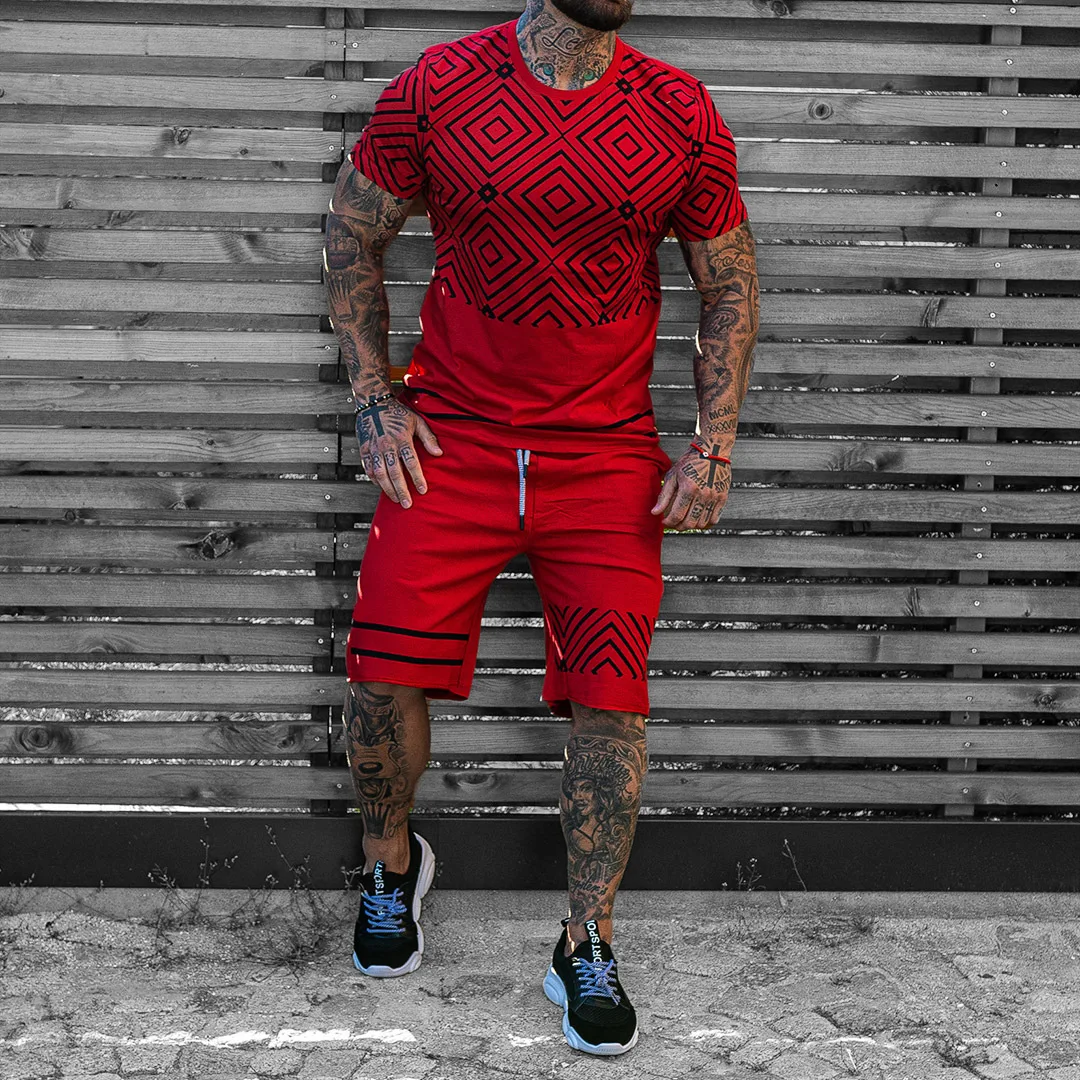 

Summer Beach Fashion Leisure Sports Fitness Jogging T-shirt Shorts Men's Suit Color Matching Beach Leisure T-shirt 2-piece Set
