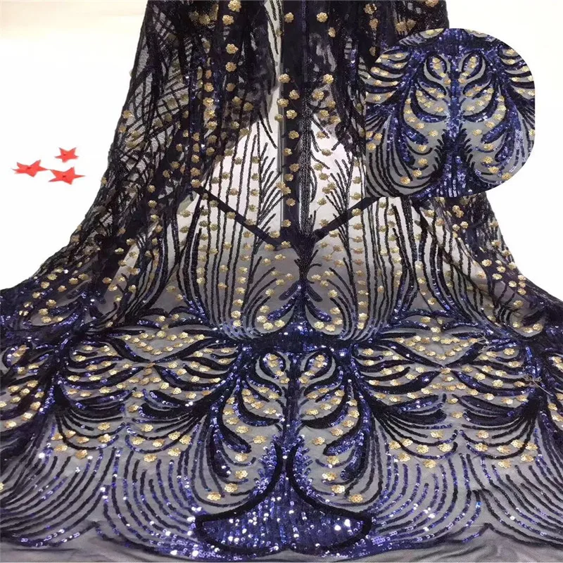 2019 Высококачественная темно-синяя и Золотая нигерийская кружевная ткань с