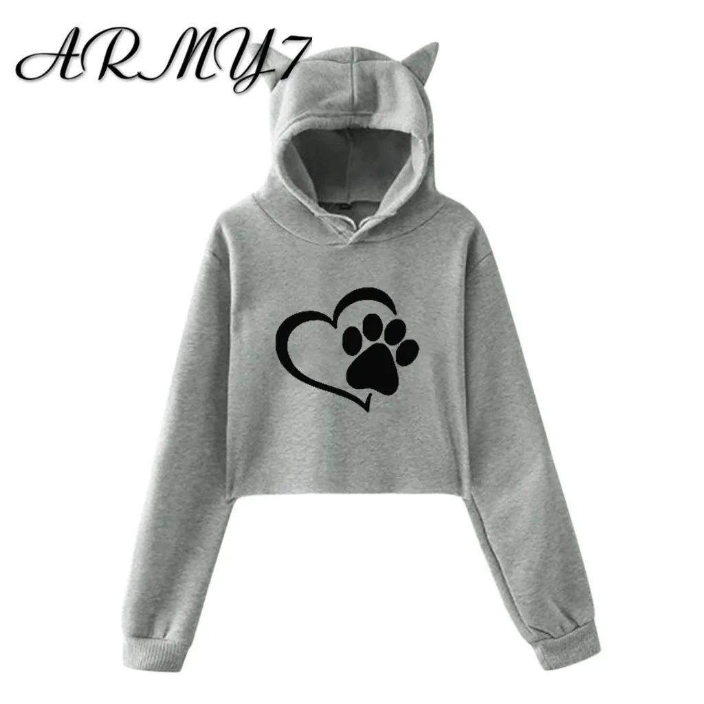 Gray Милые свитшоты с кошачьими ушками женские короткие толстовки sudadera осенние женские пушистые шляпы с капюшоном пуловер Черный Белый kpop - Цвет: Gray