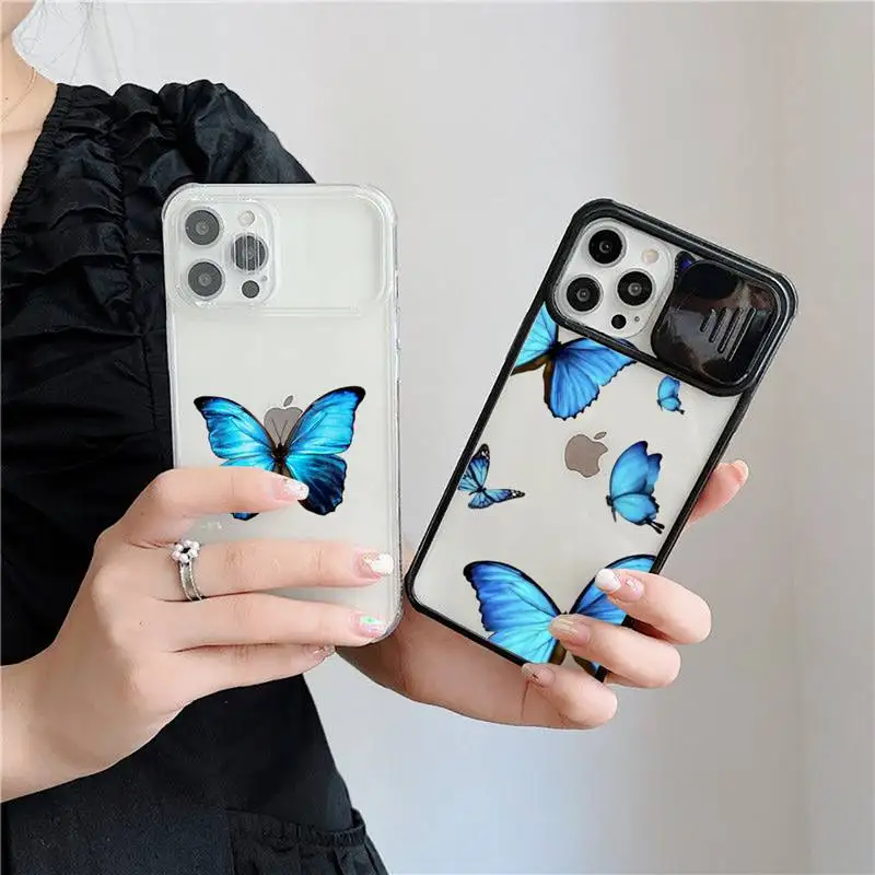 

Blue Butterfly Phone Case for iPhone 11 12 pro mini 7 8 Plus X XR XS Max Shockproof Bumper Clear Back Cover