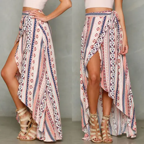 

Women Ladies Kaftan Slit Skirt Ladies Summer Long Maxi Skirts Casual Boho Beach Asymmetrical Printing Lace-up High Waist Clothes