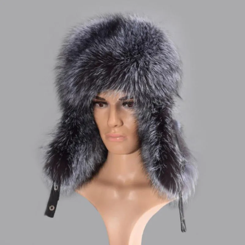New Men Outdoor Windproof Winter Natural Real Fox Fur Bombers Hats Quality Raccoon Fur Cap Man Luxury Real Sheepskin Leather Hat