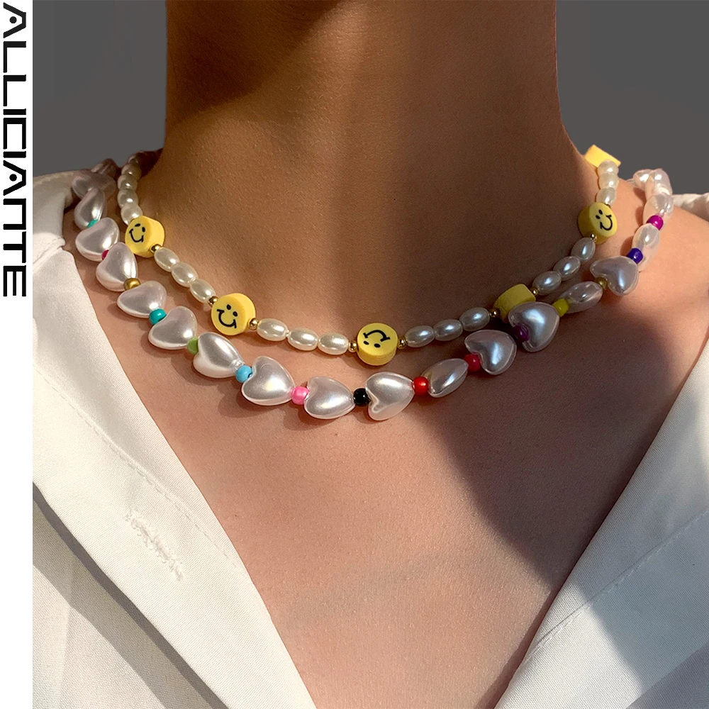 

Boho Heart White Pearls Smile Face Beaded Necklace For Women Colorful Seeds Bead Geometry Baroque Pearl Choker Femme Jewelry New