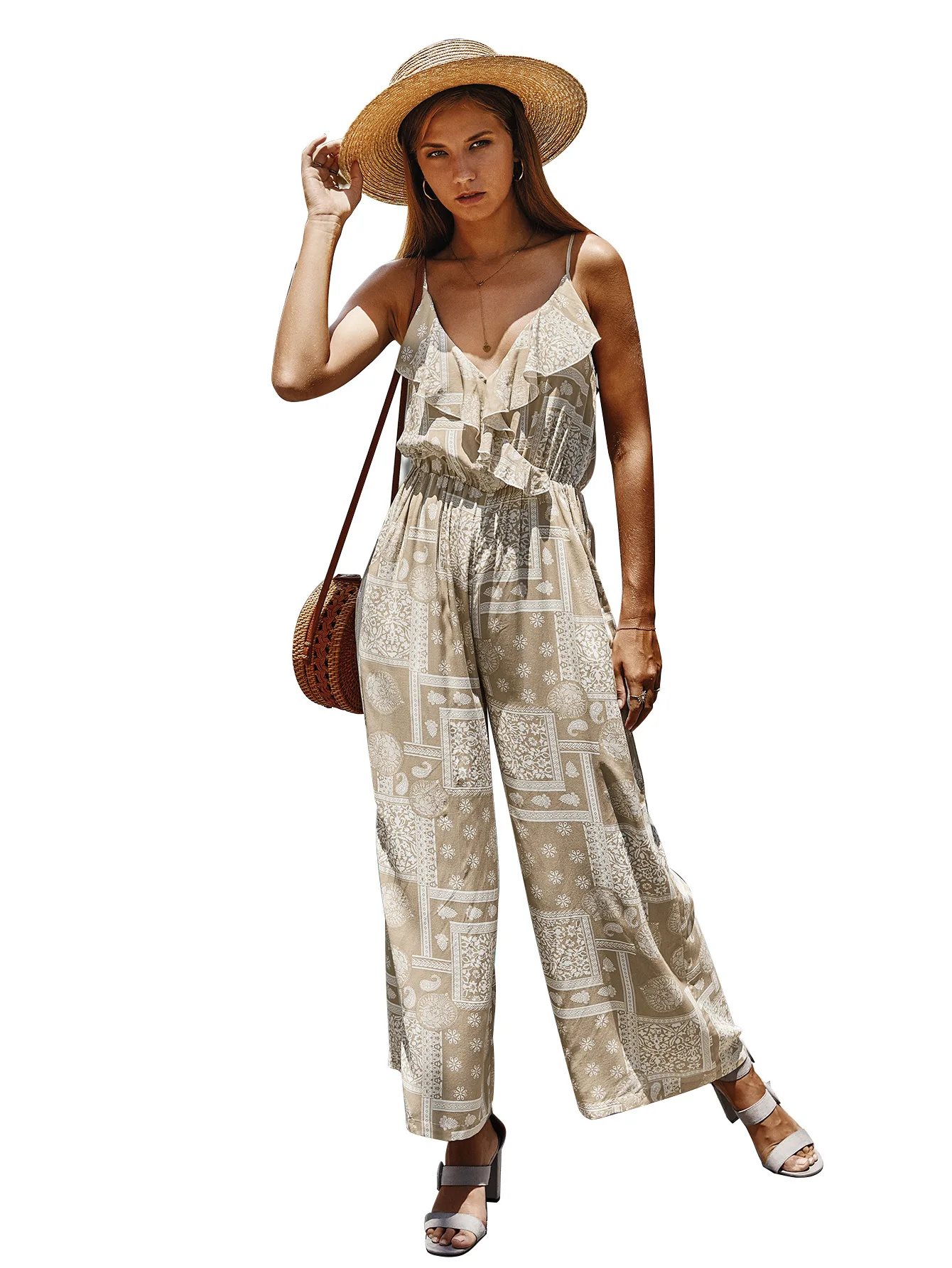 

2021 Women's Spring New Product V-Neck ruffled Suspender Trousers Jumpsuit Loose Printing Leisure Holiday Style