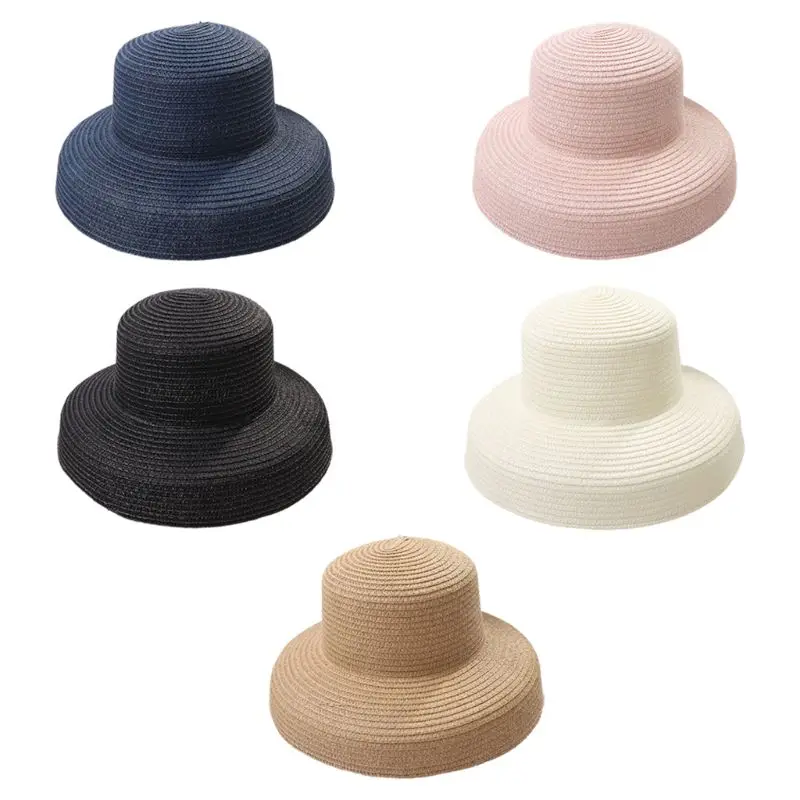 

Women Summer Vintage Hepburn Straw Sun Hat Bell Shaped Wide Brim Solid Color UV Protection Travel Floppy Beach Cap