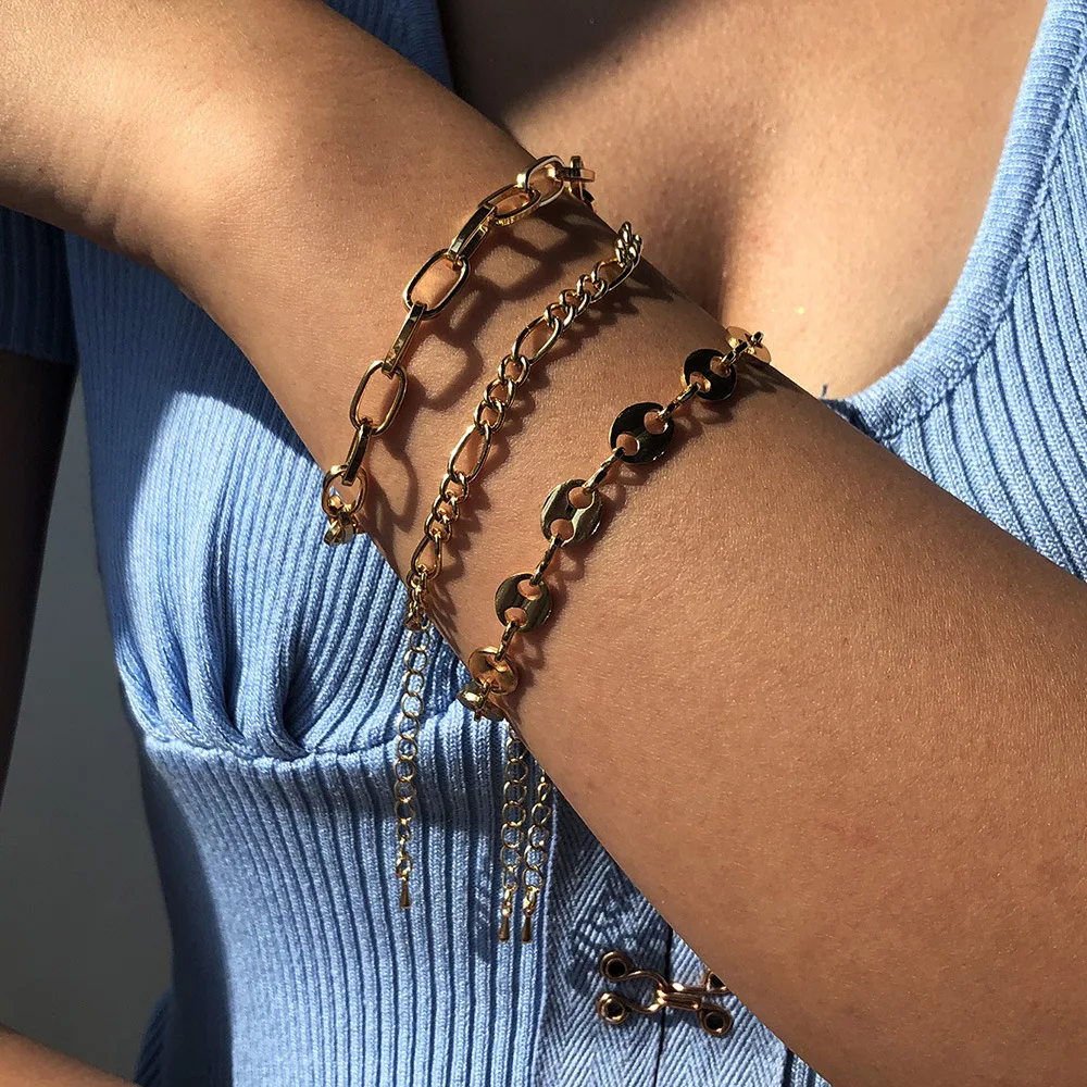 

Newest 4pcs Punk Curb Cuban Chain Bracelets Set for Women Miami Boho Thick Gold Color Charm Bracelets Bangles Fashion Jewelry