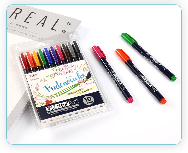 Tombow Fudenosuke Fude Brush Felt Tip Pen Set Art Marker 10 Colors Drawing Calligraphy Sketch Notes Hand Lettering Doodling Pens