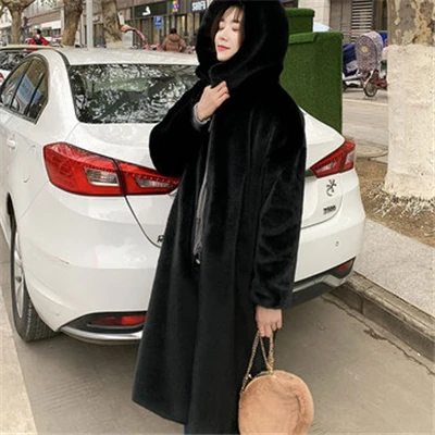 Длинное пальто с мехом Женская зимняя новая имитация меха норки Толстая теплая с капюшоном Большие размеры плюшевое пальто с мехом Tide HHH009 - Цвет: black