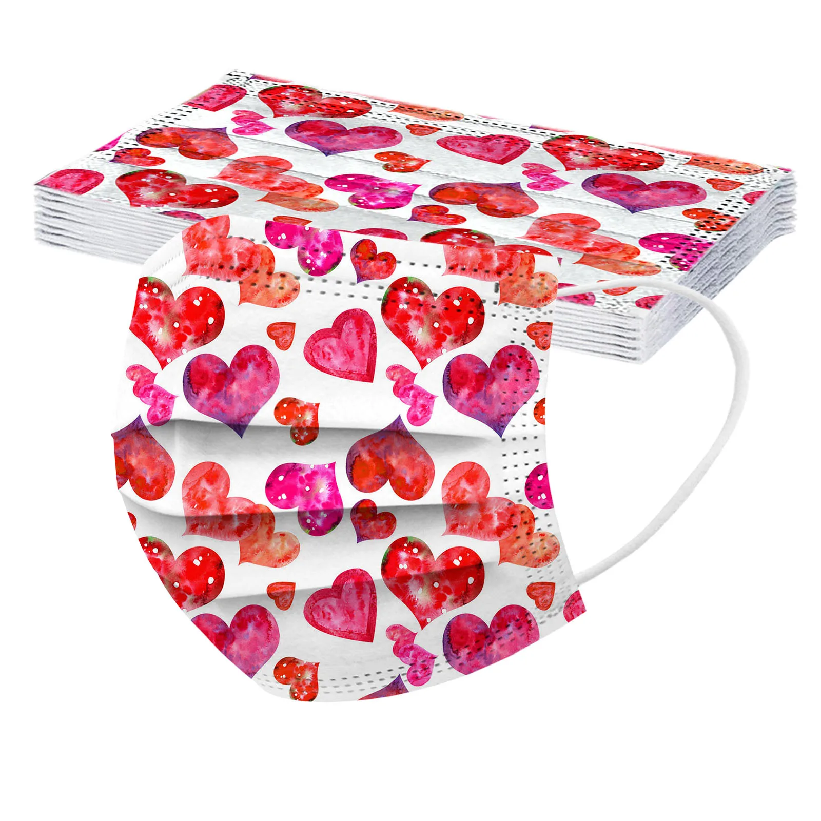 

10pc Heart-shaped Printed Masks Adult Valentine's Day Print Disposable Face Mask 3ply Dustproof Filter Pm2.5 Earloop Bandage