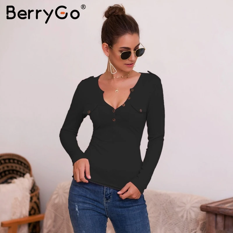 BerryGo сексуальные трикотажные футболки с v-образным вырезом Женские повседневные