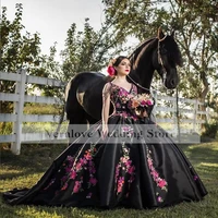 mexican charro quinceanera dresses vestido de 15 a%c3%b1os v neck black embroidery sweet 16 dress puffy skirt girl prom wear