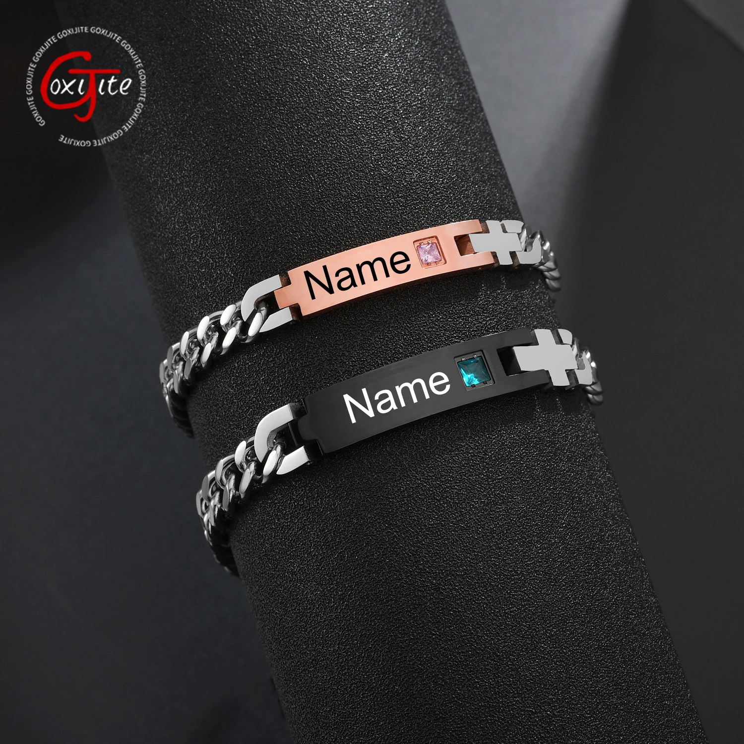 Goxijite Trendy Custom Name Date Stone Bracelet For Women Men Stainless Steel Engrave Names Couples Bracelets Memorial Gift