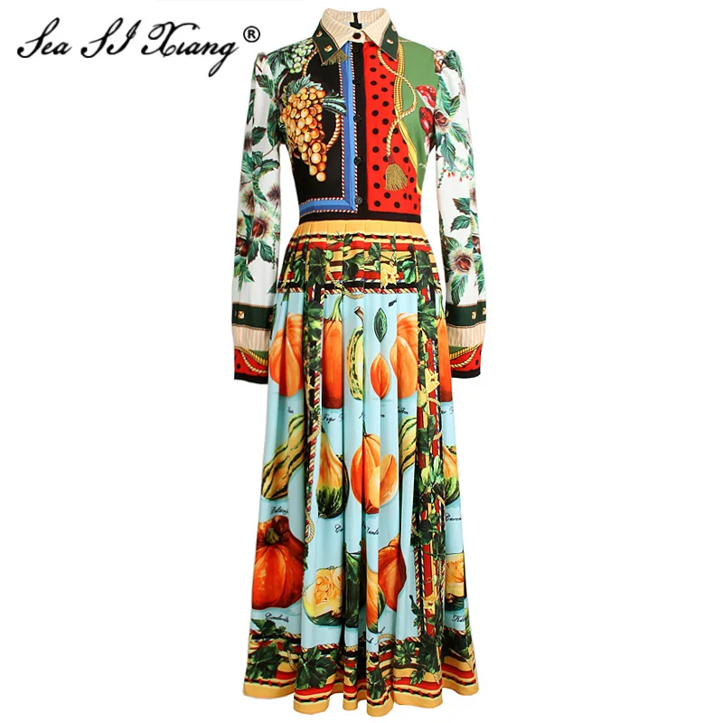 

Seasixiang Fashion Designer Autumn Dress Women's Lantern Sleeve Vegetables Fruit Print Turn-down Collar Pleated Dresses