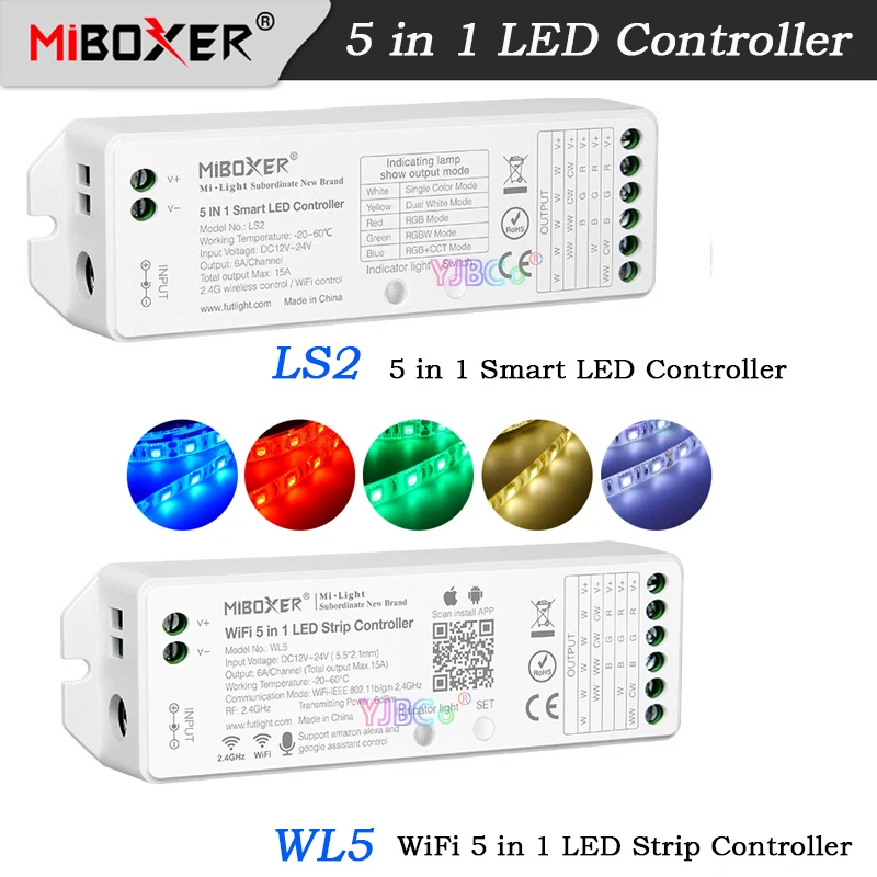 

Moboxer WL5 WiFi 5 in 1 LED Strip Controller 12V 24V Single Color/CCT/RGB/RGBW/RGB CCT Lamp Tape dimmer LS2 2.4G Remote control