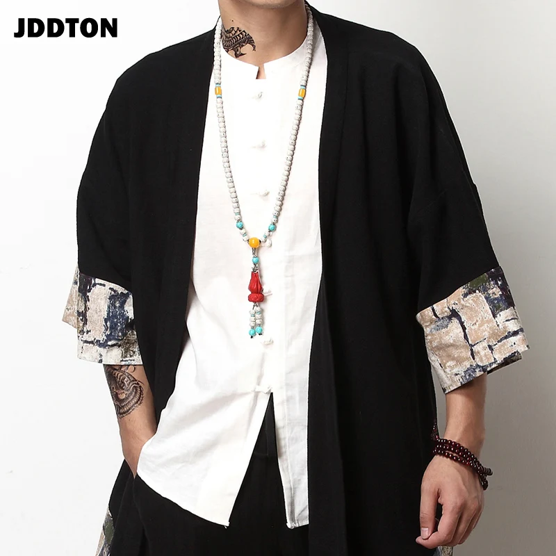 JDDTON весеннее мужское льняное кимоно модный Свободный длинный кардиган верхняя