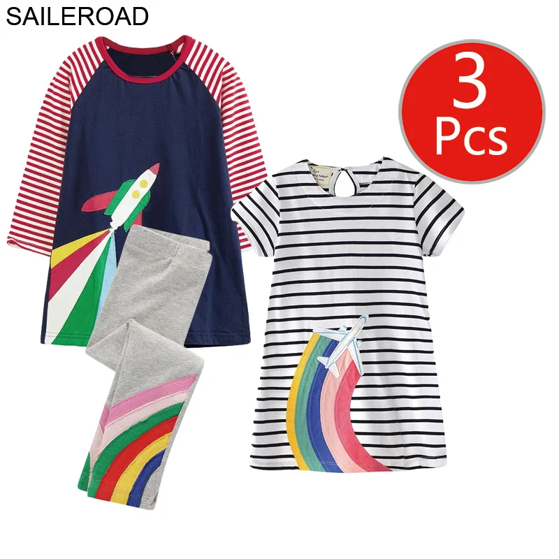 SAILEROAD Девушки Мода 3 шт. Детская Одежда Набор Платье Леггинсы Наряды на Лето Осень Малышей Платья Партии Костюмы - Цвет: 7682-6185-1166 photo