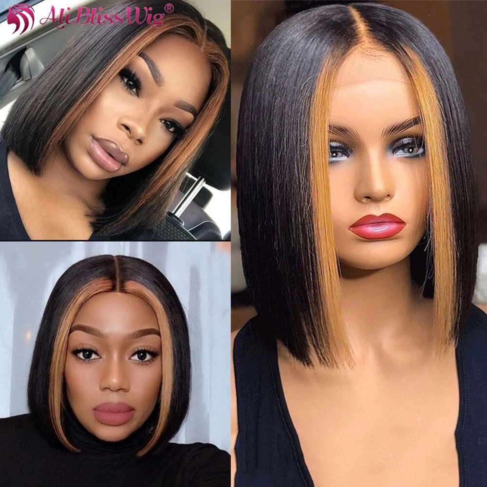 

Aliblisswig Brazilian Straight Highlight Wig 4/27 Highlight Short Bob Human Hair Wigs for Black Women Pre Plucked Lace Front Wig