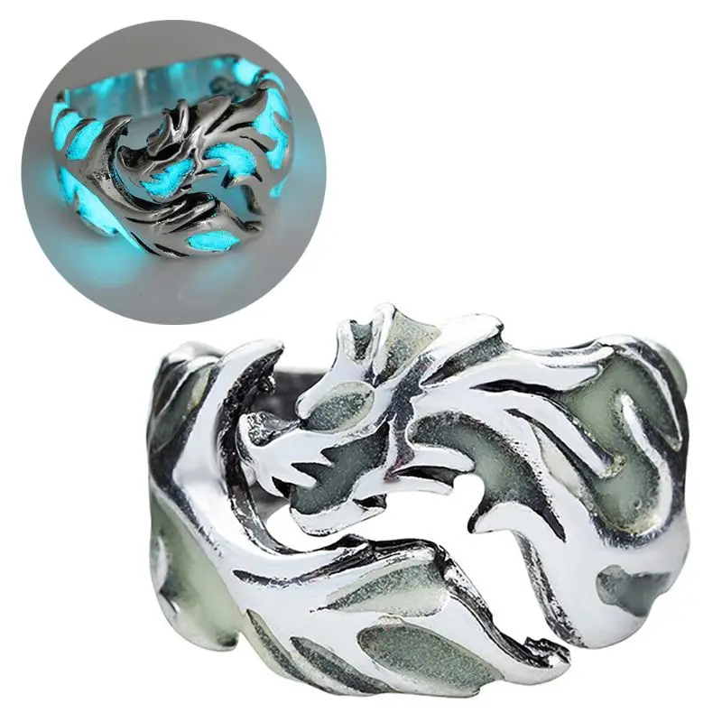 

Creative Gothic Punk Retro Embossed Dragon Pattern Luminous Ring Cool Vintage Men Jewelry Decor