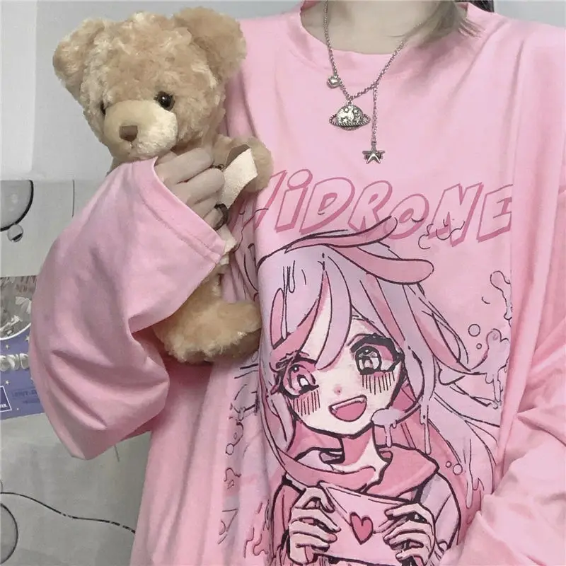 

Woman Tshirts Pink Fashion 2020 Cute Print T Shirt Women Long Sleeve Tops Loose Casual Plus Size Graphic T Shirts 2021