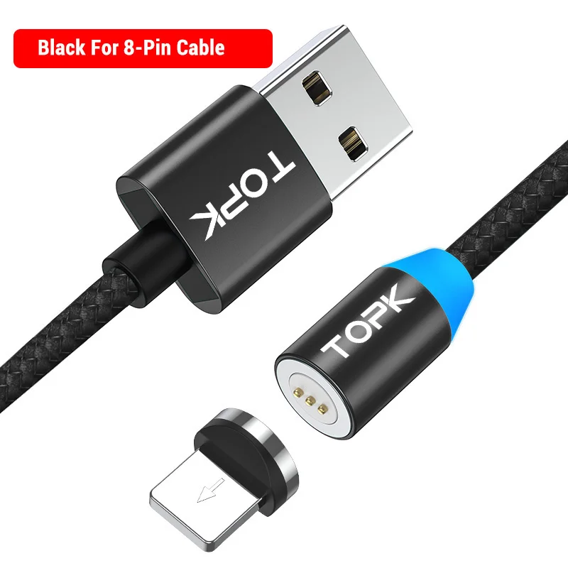 Black 8Pin Cable TOPK AM37 Быстрая зарядка Магнитный зарядный кабель mi cro usb type C кабель для iPhone X Xs Max 11 8 7 6 Xiaomi mi note 10 телефонные кабели - Цвет: Black 8Pin Cable