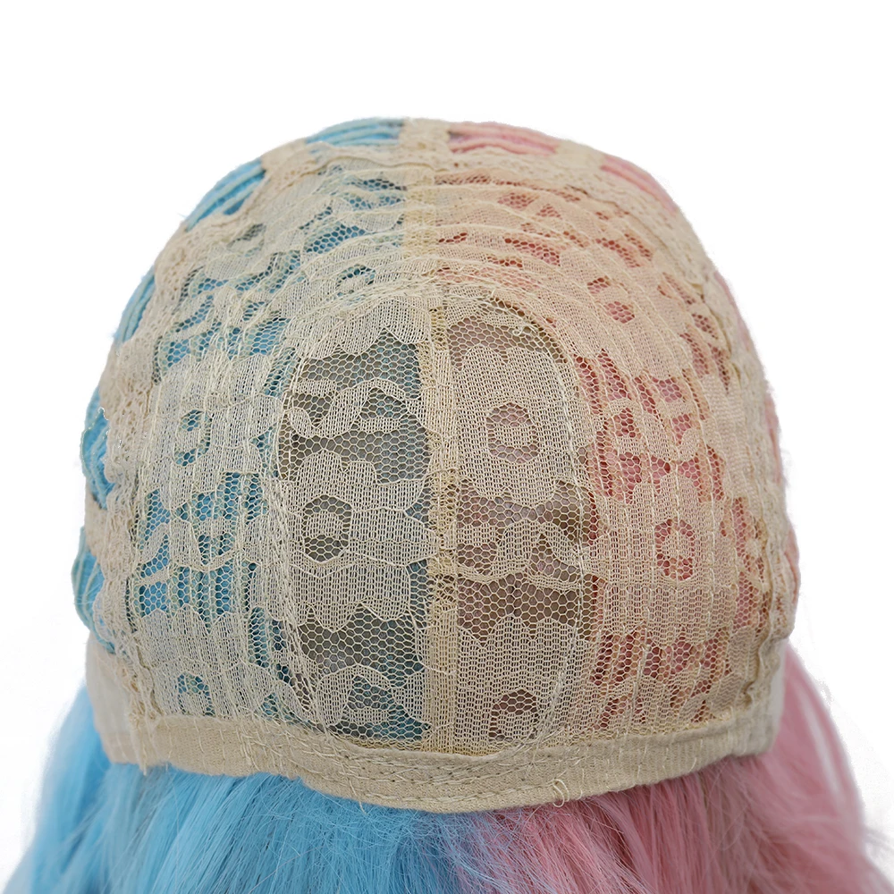 

Medium Hair Half Pink blue Wavy Cosplay Natural Synthetic Wig With Bangs For White Women Daily Female Heat Resistant Fiber Wigs