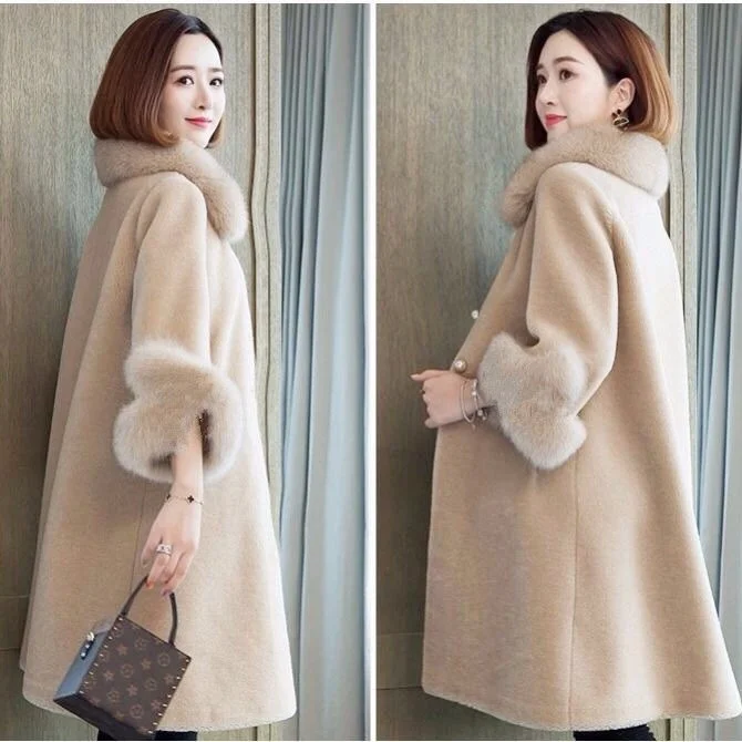 2021 Autumn And Winter Leisure Sheep Shearing Coat Women's Medium And Long Imitation Fox Fur Collar Loose Granular Fur Imitation