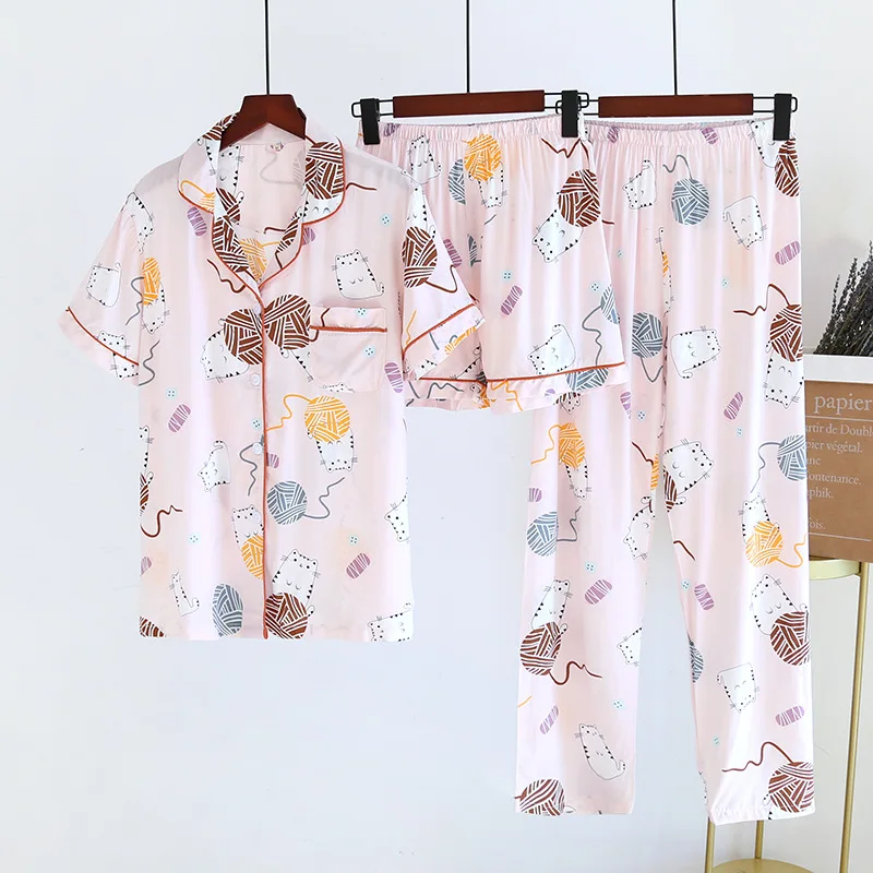 

2021 New Women's Spring And Summer100%Viscose Pajamas Three-piece Short Sleeve + Shorts + Trousers Soft And Comfortable Homewear