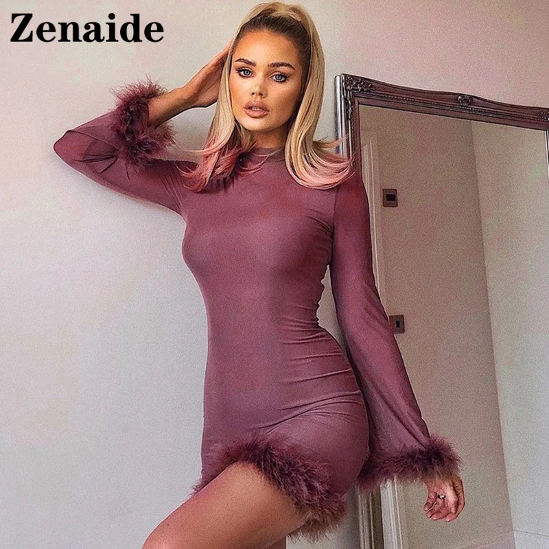 

Zenaide 2021 коричневое платье с длинным рукавом и отделкой из искусственного меха на осень и зиму, женское розовое элегантное сексуальное мини-п...
