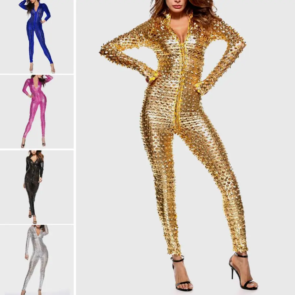 

Women Sexy Mesh Hole Zipper Tight Jumpsuit Nightclub Stage Costume Patent Leather Openwork Package Hip Cat Female