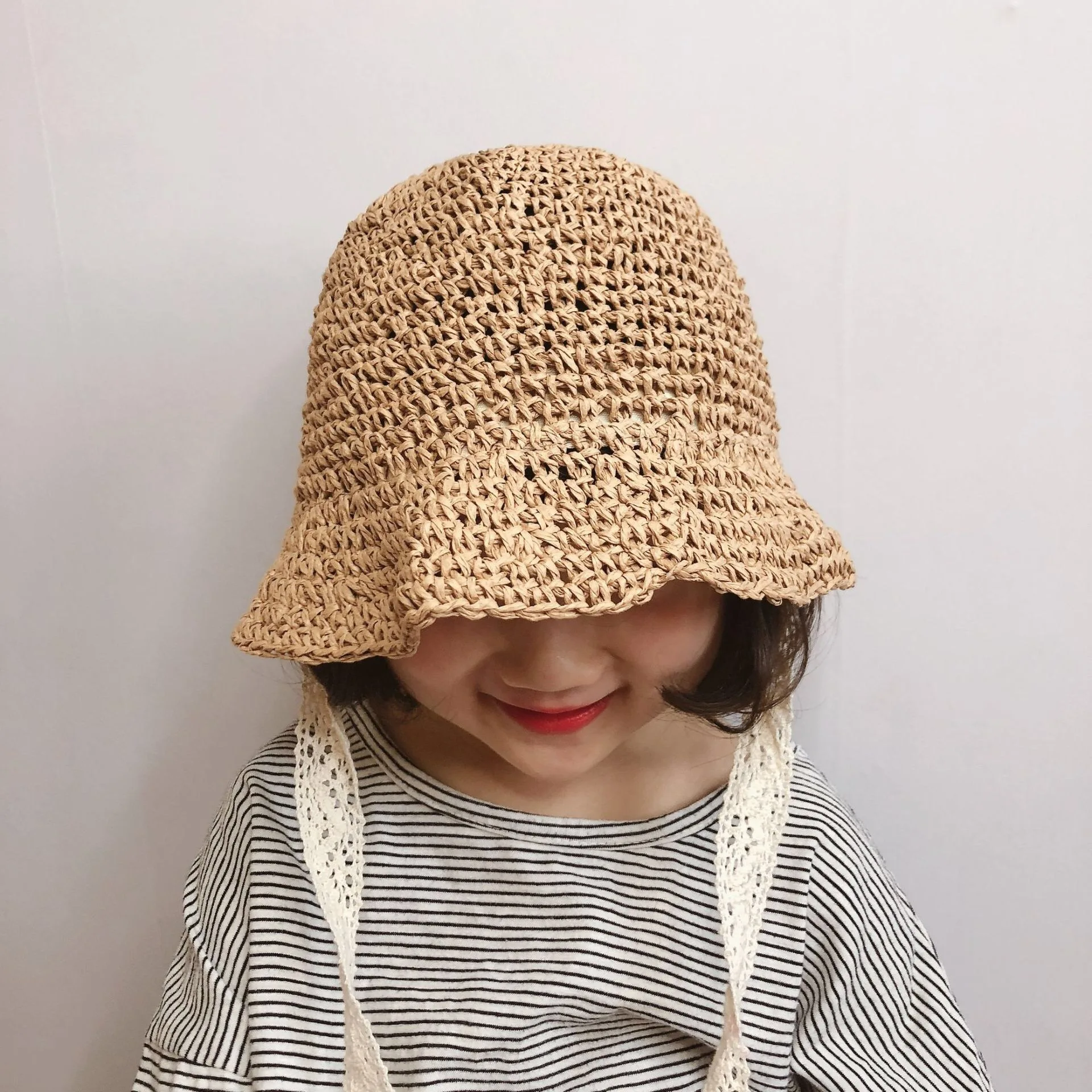 Sunshade Handmade Fisherman Caps Summer Spring Baby Girl Straw Hat Lace Windproof Cord Beach Sun Wide Brim Cute Floppy |