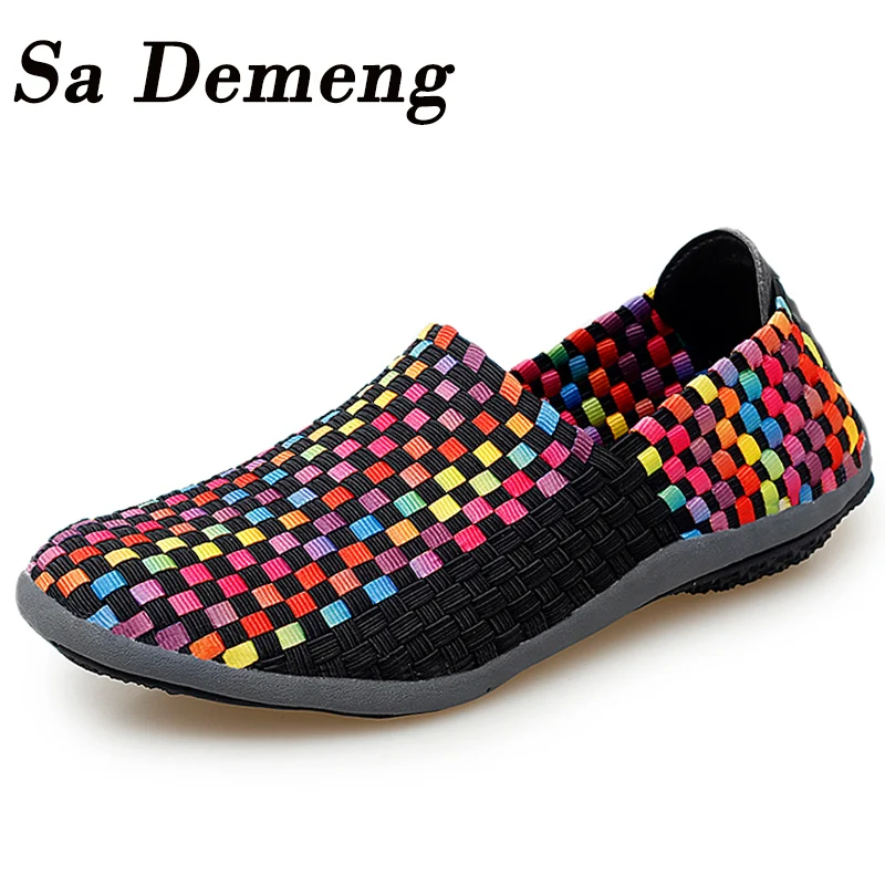 Sa Demeng/летние дышащие женские тканые туфли ручной работы Эластичные на плоской