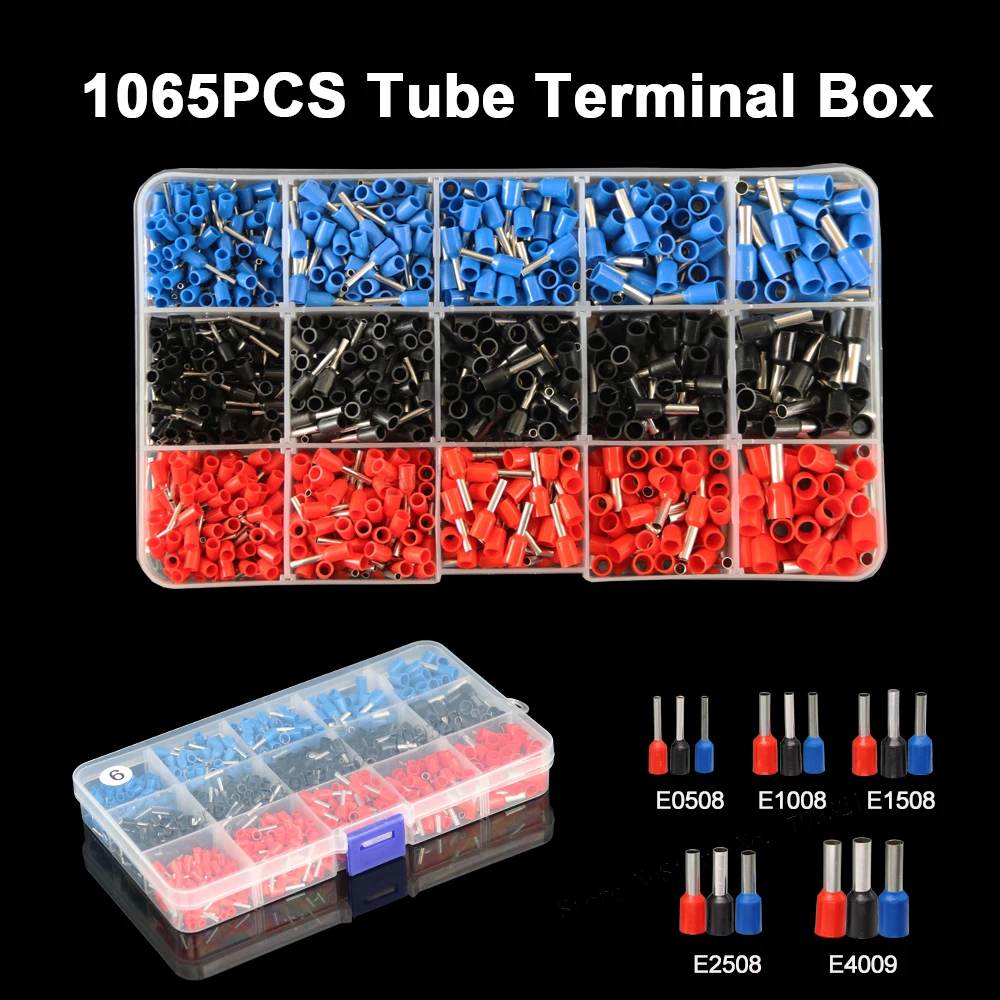 1065pcs AWG12-22 0.5-4mm2 Tube Terminal Crimp Kit Cord Pin End Insulated Wire Terminals VE Connector Mixed Electrical
