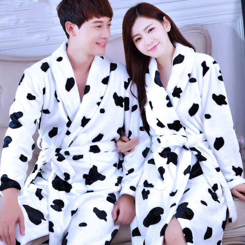 Men&women Coral Fleece Print Bow Robe Flannel Sleepwear Kimono Bathrobe Gown Winter Warm Thick Home Dressing Gown