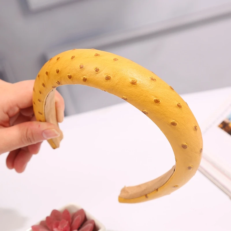 

5Pcs Women Imitation Leather Headband Thick Sponge Padded Vintage Wide Hair Hoop Solid Color Ostrich Pattern Bandana