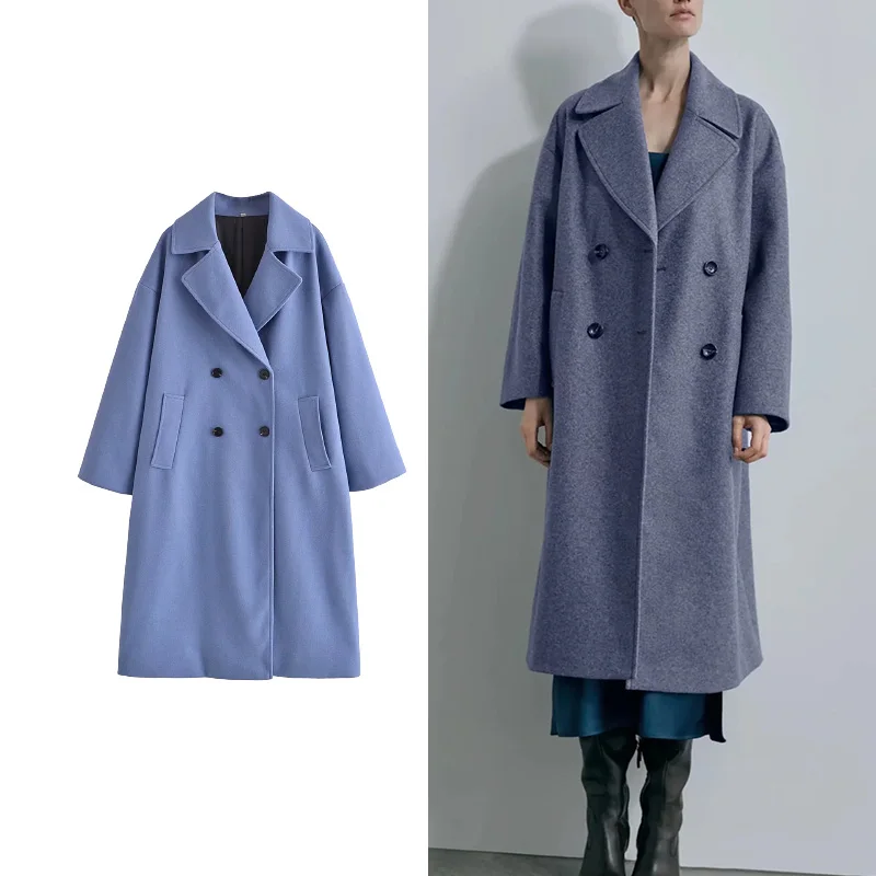 

TRAF Za 2021 Overcoat Women Fashion Double Breasted Coat Woolen Cloth Long Sleeve Solid Color Female Outerwear
