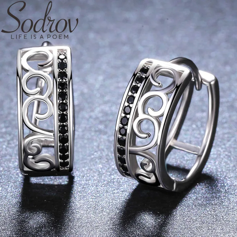 SODROV, Круглые, 925 пробы, серебряные ювелирные изделия, изящный узор, серьги-кольца для женщин, черная шпинель, буклы д 'орели, I030