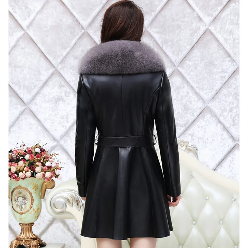 Женское кожаное пальто с воротником из искусственного лисьего меха модная