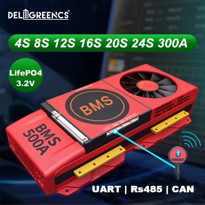 LiFePO4 Смарт BMS 4S 8S 12S 16S 20 24S 300A 400A 500A с вентилятором UART RS485 modbus Bluetooth 24V более быстрого