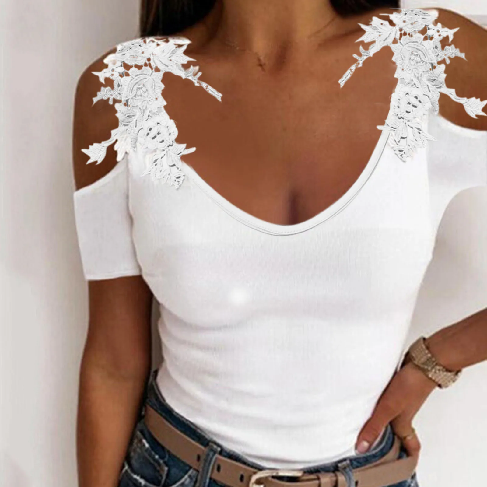 

Summer Women Lace Applique Strap Off Shoulder Elegant White Shirt Woman Clothing Short Sleeve V-neck Streetwear Slim Tee Top
