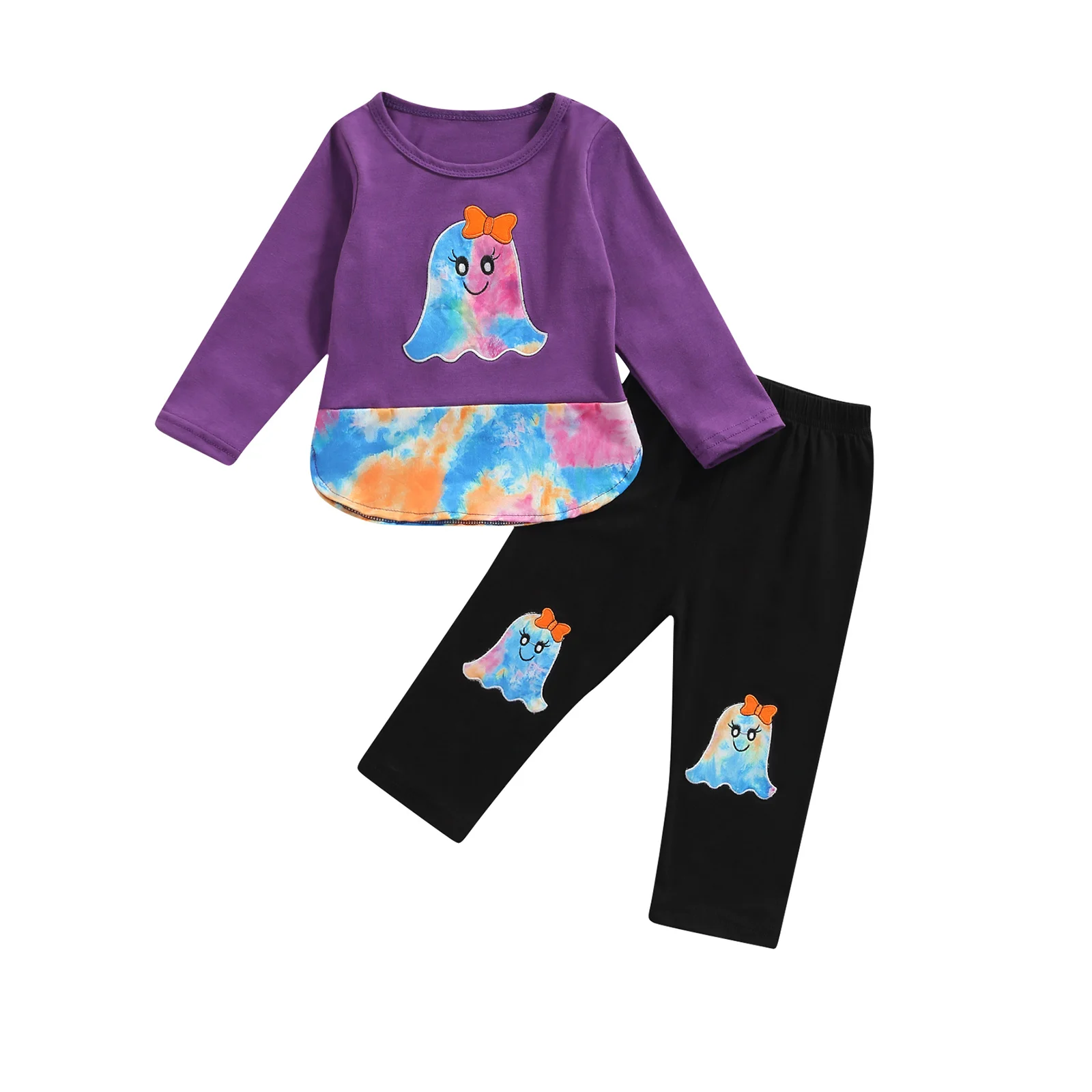 

2021 Spring Autumn Little Girls Outfit, Cartoon Embroidery Long Sleeve Round Collar Splicing Tops + Long Trousers Set 2Pcs