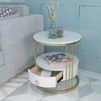 marble sofa side table two layer with solid wood drawer storage round nightstand coffee table for living room home furniture