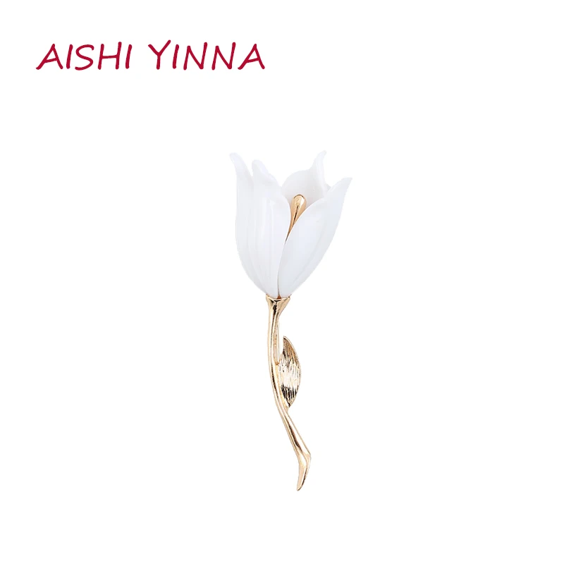 

AISHI YINNA Elegant White Tulip Flower Brooch Female Literary Temperament Simple Corsage Accessories Coat Shawl Suit Pin