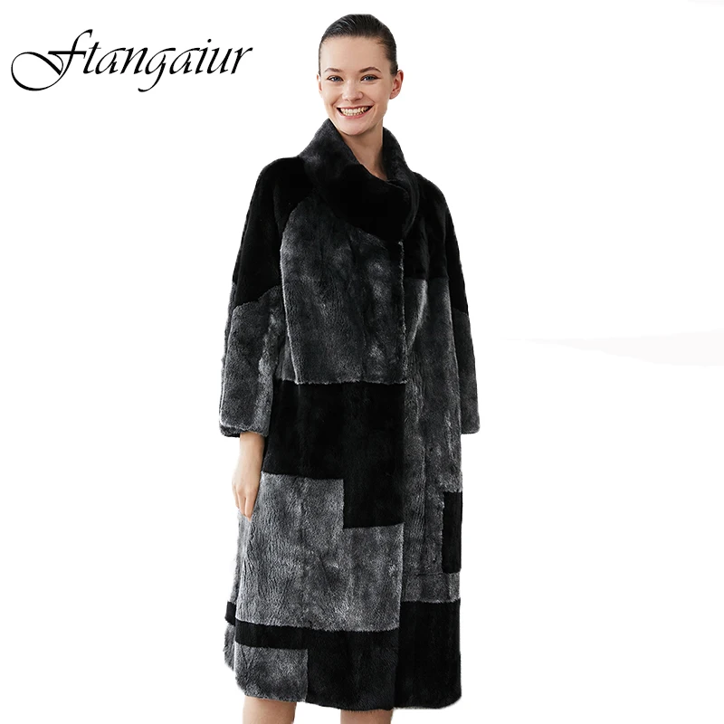 Ftangaiur Winter Import Velvet Mink Fur Coat Patchwork Black Grey Color Mink Coat Women X-Long Natural Real Mink Fur Coats