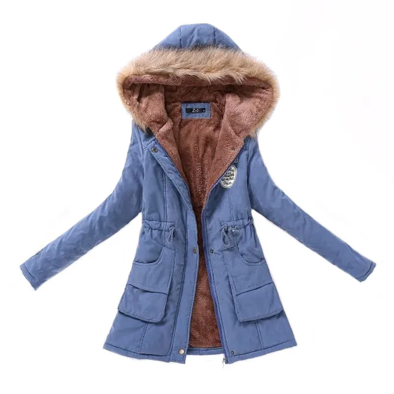 Denim blue Женская парка Модные осенние зимние теплые куртки Женский меховой воротник пальто длинные парки толстовки офисные женские хлопковые большие размеры - Цвет: Denim blue