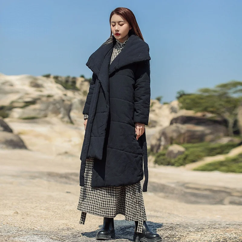 2021 Women Elegant Pockets Long Cotton Jackets Lapel Stitching Loose Winter Belt Parkas Women Fashion Straight Solid Coats