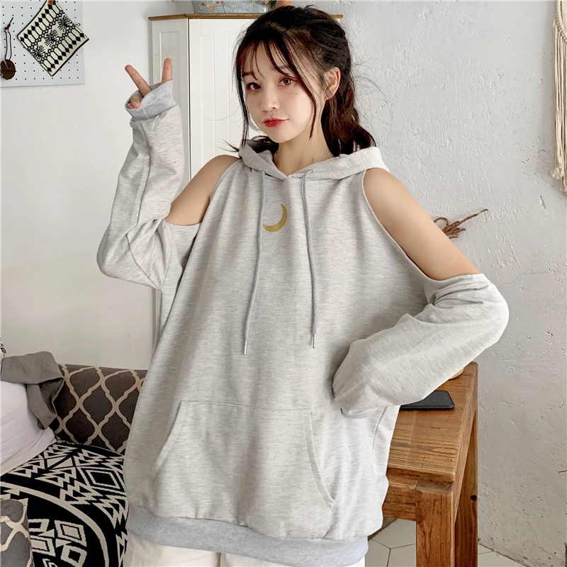 

Ulzzang Korean Fashion Sexy Strapless Hoodies Womens Autumn Tops Harajuku Moon Print Pullover Loose Long Schoolgirl Streetwear