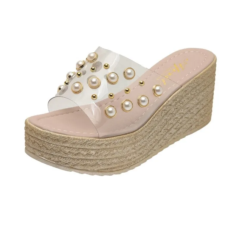 Summer New Women's Wedges Slippers Fashion Pvc Transparent Pearl Rivets Ladies Shoes Beach Thick Bottom Peep Toe Women Slippers