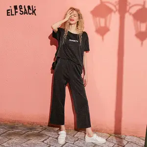 Женский трикотажный костюм ELFSACK, Черный Повседневный Яркий комплект из двух предметов с буквенным принтом, весенний розовый костюм с высокой талией в Корейском стиле, 2020
