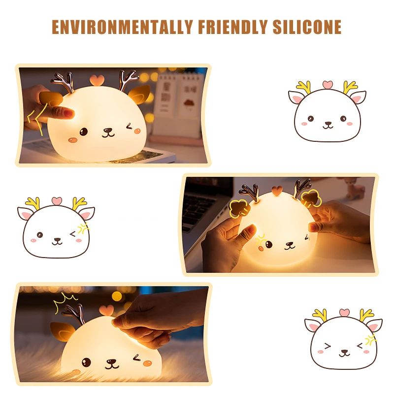 

Cute LED Night Light Silicone Touch Sensor 8 Colors Fawn Night Lamp Lighting for Bedroom Desktop Decor Kids Baby Gift USB Charge