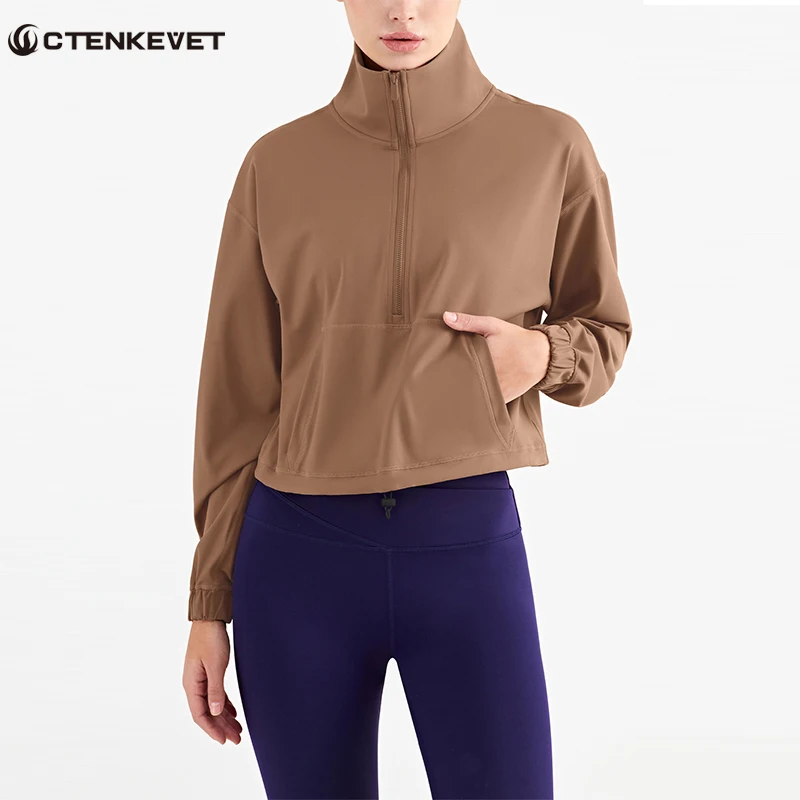 

Autumn And Winter Women's Yoga Clothes Coat Gym Fitness Jacket Blouse Solid Color High Collar Half Zipper Sports Fitness Clothes